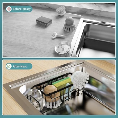 4-in-1 Sponge Holder for Kitchen Sink, Sink Caddy Organizers and Storage with Adhesive Hook & Suction Cups, Rustproof Kitchen Sink Organizer for Home Decor - Black