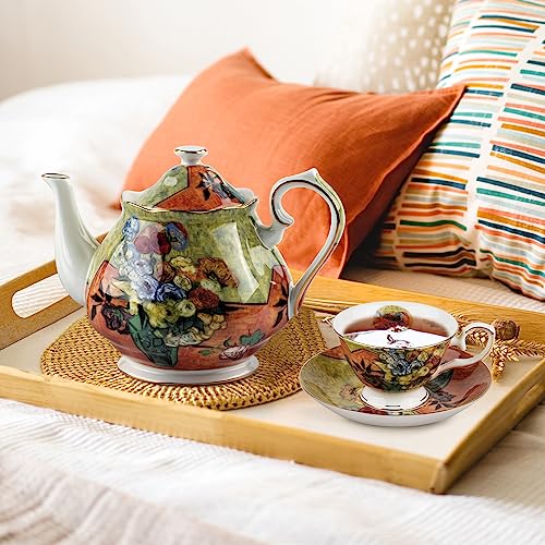 Teapot 30 oz Vangogh Paintings Bone China Loose Tea Pot Floral Design Vintage Ceramic Coffee Water Pot European Style Porcelain (30 Ounce)