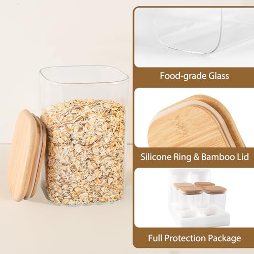 37oz(1.2Qt) Square Glass Storage Containers with Bamboo Lids – 4 Pack Clear Food Airtight Glass Jars for Pantry Organizers and Storage, Kitchen Dry Food, Coffee, Sugar, Flour, Snacks, Spices (4 Count)