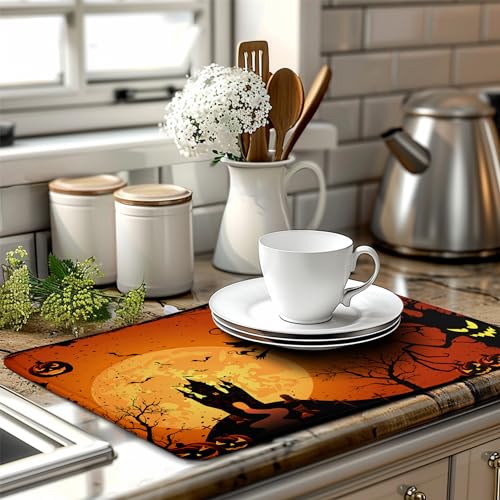 Happy Halloween Dish Drying Mat Fall Pumpkin Witch Dishes Draining Mats Spooky Castle Coffee Bar Bats Trick or Treat Dish Drying Pad Self Fast Absorbent Dryer Mat for Kitchen Countertop
