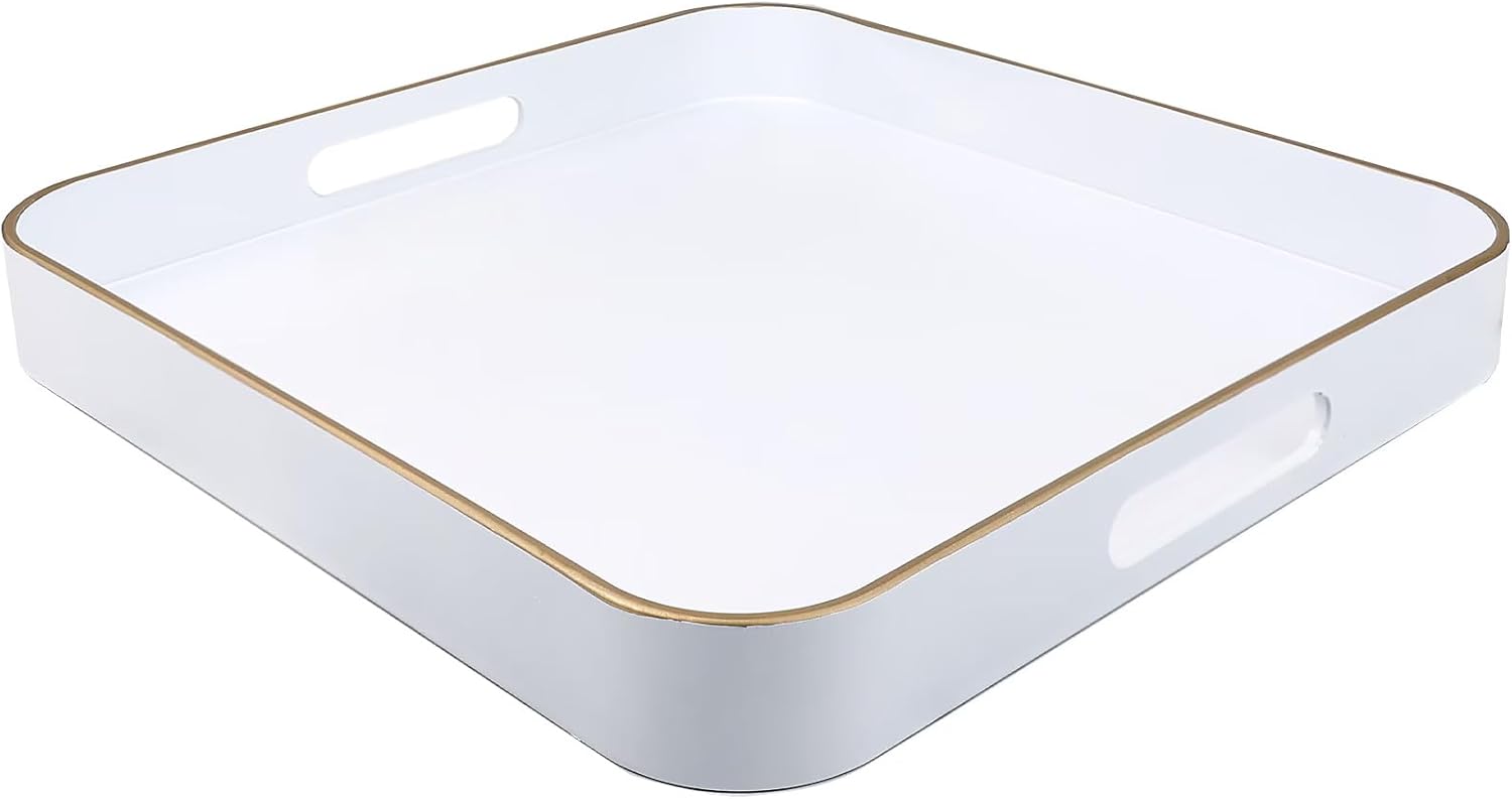 White Square Decorative Tray with Handles, 13