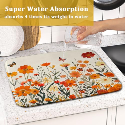 Fall Orange Wildflower Dish Drying Mat for Kitchen Counter