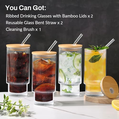 16OZ Ribbed Glass Cups with Lids and Straws
