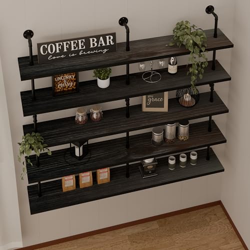 Floating Shelves for Wall Bookshelf Industrial Pipe Shelving Shelves 60 Inch 5 Tier Natural Wood Planks Rustic Wall Shelves Hanging Bookshelves Farmhouse Kitchen Shelving
