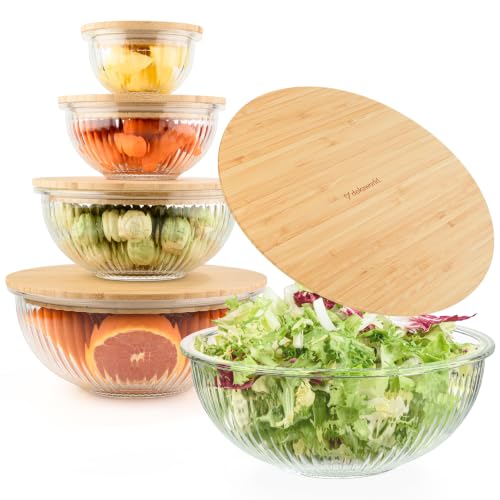 Stackable Glass Mixing Bowls with Bamboo Lids Set of 5