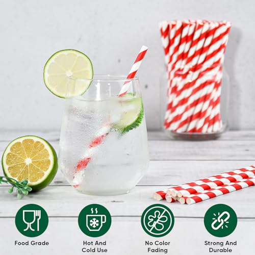 500 Counts] Chunspak 5.75 inch Disposable Red White Striped Small Paper Straws for Cocktail