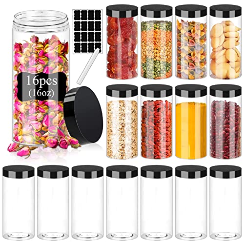 Plastic Jars with Lids 16OZ 16PCS Small Empty Slime Cosmetics Containers Clear Gift Food Jars Round PET Cream Jars with Black Lids Pen Labels for Kitchen Storage Spices Dry Food Butter (16 Count)