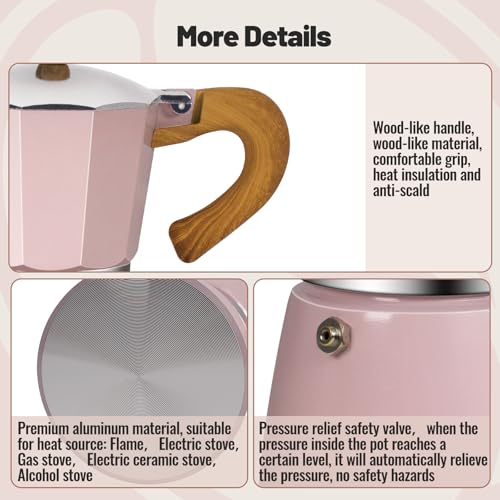 6 Cup Aluminum Moka Pot Classic Stovetop Espresso Coffee Maker 300ml 10oz Coffeemaker Percolator Mocha Pot Greca Coffee Maker Cafe Makers for Italian and Cuban Café Brewing Pink