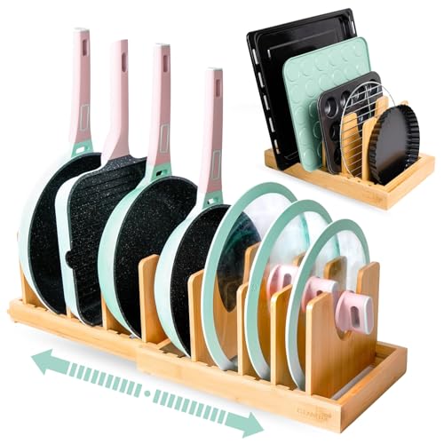 Pots and Pans Organizer under Cabinet Expandable Bamboo Pot Lid Holder Rack