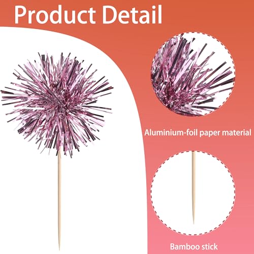 40 PCS Foil Firework Cupcake Toppers Sparkle Tinsel Cupcakae Picks Sparkler Fireworks Party Decorations Cocktail Fruit Toothpick for Birthday Wedding Graduation Party Decorations Supplies Pink (40 Count)