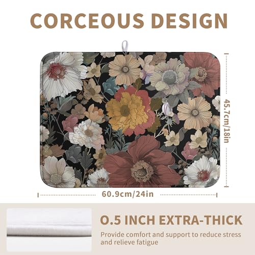 Spring Boho Floral Dish Drying Mats Spring Summer Vintage Flowers Dish Mat Farmhouse Drying Matt Dishes Dryer Pad for Kitchen Counter Absorbent Microfiber Washable Foldable Reusable 18x24 in
