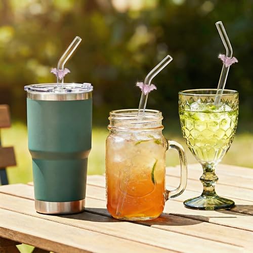8 Pack Multicolor Bat Borosilicate Glass Straws with Charms (8 Count)