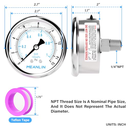 0~15Psi Liquid Filled Pressure Gauge Stainless Steel with 316 Stainless Steel Joint 1