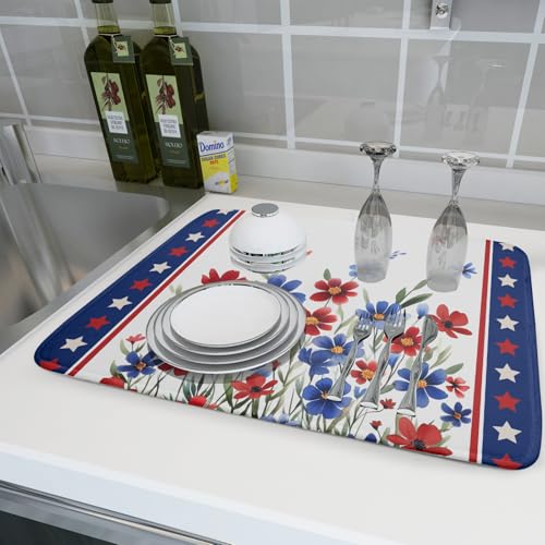 4th of July Dish Drying Mats for Kitchen Counter Patriotic Star Microfiber Absorbent Dish Drainer Rack Mat Summer Floral Independence Day Protector Sinks Dishes Pad for Countertop Table Decor 16”x18”