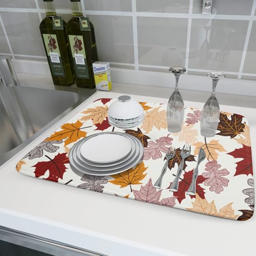 Maple Leaf Dish Drying Mat Large 18x24 inches Fall Autumn Colorful Leaves Dish Drainer Mats Thanksgiving Decorative Fast Drying Reversible Absorbent Dish Drying Pad for Kitchen Countertop