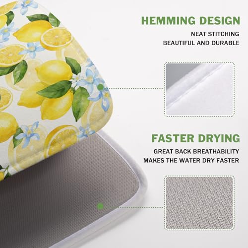 Lemon Dish Drying Mat 16x18 Inch Absorbent Reversible Summer Drying Mat Floral Lemon Fruits Dish Drying Rack Mat Yellow Summer Themed Dish Drainer Mat for Kitchen Counter Coffee Bar