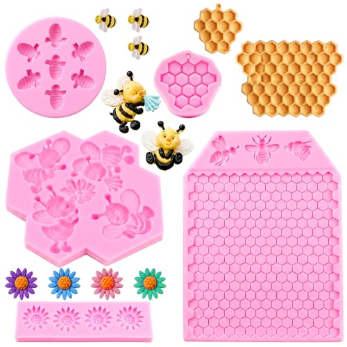5 Packs Bumble Bee Chocolate Molds Bee Silicone Mold Honey Comb and Sunflower Silicone Mold Fondant Molds for Cake Decorations