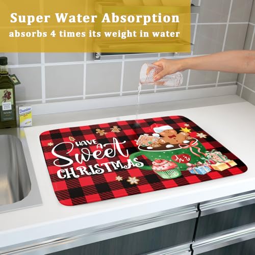 Gingerbread Man Dish Drying Mat Large 18x24inch Have A Sweet Christmas Red Black Buffalo Plaids Dish Drainer Mats Winter Hot Cocoa Cookies Fast Drying Dish Drying Pad for Kitchen Counter