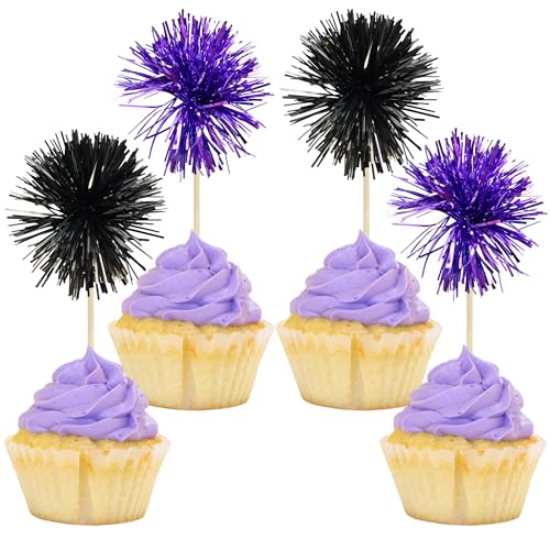 30Pcs Foil Firework Cupcake Toppers Sparkle Tinsel Cake Toppers Tinsel Drink Cake Decoration Cocktail Picks for Birthday Wedding Graduation Party Supplies Black Purple (30 Count)