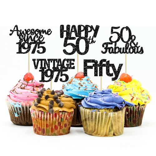 30Pcs Vintage 1975 Cupcake Toppers 50th Birthday Cake Decorations Cheers to 50 Fabulous Fifty Cupcake Picks 50th Birthday Wedding Anniversary Party Cake Decorations Supplies Black (30 Count)