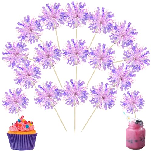 30Pcs Foil Firework Cupcake Toppers Sparkle Tinsel Cupcake Picks Happy Birthday Cake Decorations Drink Stirrers Cocktail Food Fruit Toothpicks for Baby Shower Graduation Party Supplies Purple (30 Count)