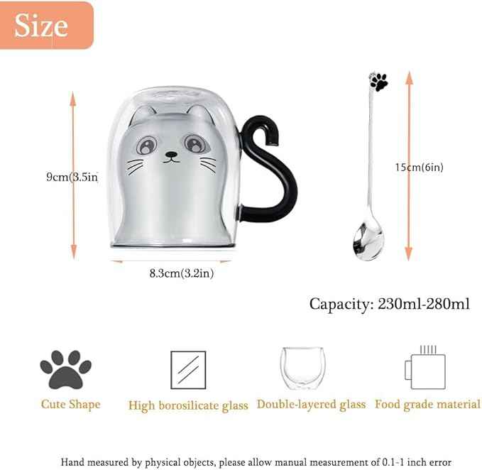 Black Cat Mug Cute Mug with Handle Double Walled Coffee Mugs Kawaii Cat Presents for Women Glass Mugs Tea Cup Cute Birthday Gifts for Cat Lovers Ideas Halloween Christmas
