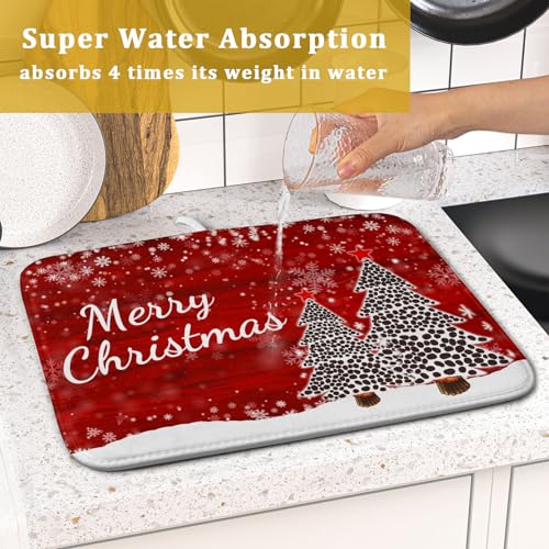 Merry Christmas Tree Red Dish Drying Mat for Kitchen Counter