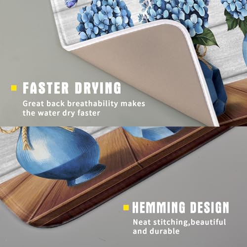 Blue Hydrangea Dish Drying Mat for Kitchen Vintage Wood Board Floral Butterfly Dish Drainer Mats 16x18inch Rustic Flowers Dish Drying Rack Pad Protector for Countertop Dining Decor