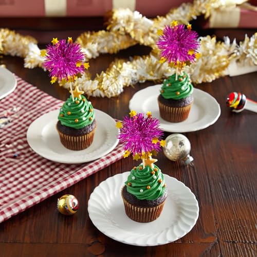 30Pcs Foil Firework Cupcake Toppers Party Birthday Cake Toppers Supplies Sparkle Tinsel Cocktail Fruit Toothpick for Birthday Wedding Graduation Party Purple (30 Count)