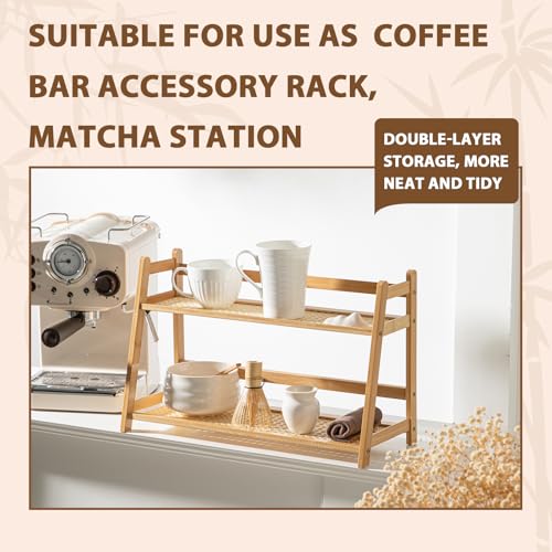 2 Pcs 17.7 Inch 2 Tier Matcha Station Shelf Bamboo Coffee Mug Stand Countertop Storage Rack (2 Count)
