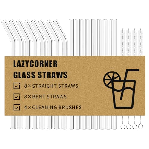 Reusable Glass Straws Set 16 Pcs 8.5''x 10MM Bent Straight Clear Glass Drinking Straws Set of 8 Straight and 8 Bent with 4 Cleaning Brushes Perfect For Smoothies (16 Count)