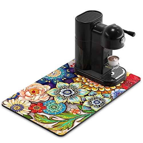 Coffee Mat 12" x 19" Cute Flower Theme Coffee Bar Mats for Espresso Machine Station Accessories and Organizer