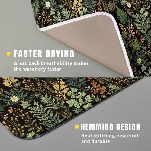 Black Green Botanical Dish Drying Mat for Kitchen Counter 16x18 Inch Super Absorbent Microfiber Kitchen Drying Mat Green Plant Fern Leaves Floral Dish Reusable Washable Dish Drying Pad for Coffee Bar