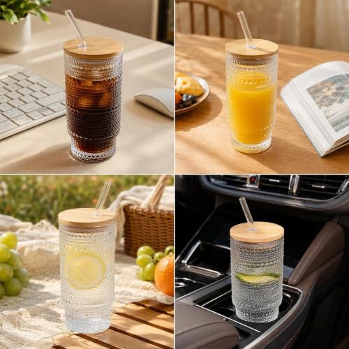 16 oz Glass Cups with Lids and Straws Vintage Drinking Glasses Set (4 Count)