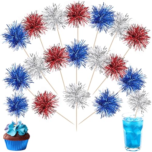 30 PCS Foil Firework Cupcake Toppers Sparkle Tinsel Cupcakae Picks 4th of July Decorations Cocktail Fruit Toothpick for Fireworks Theme Birthday Wedding Graduation Party Decor Supplies Blue Red Silver (30 Count)