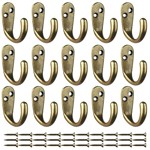 15PCS Coat Hooks Wall Mounted Antique Brass Single Prong Robe Hook (15 Count)