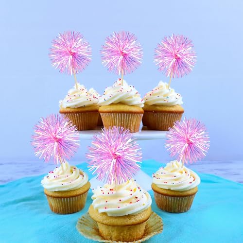 30Pcs Foil Firework Cupcake Toppers Party Birthday Cake Toppers Supplies Sparkle Tinsel Cocktail Fruit Toothpick for Birthday Wedding Graduation Party Rose Red (30 Count)