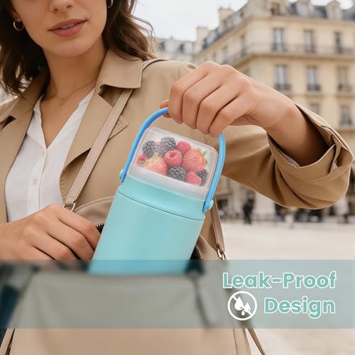 2-in-1 Thermos for Hot Food with Snack Box Container - 20oz Stainless Steel Insulated Food Container with Handle and Spoon, Leak Proof Bento Box Kids Adult for School Lunch Office, Blue