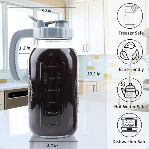 Cold Brew Coffee Maker 64 OZ 2 Pack Mason Jar Cold Brew Pitcher With Infuser 2 Quart Wide Mouth Iced Coffee Maker With Pour Spout Lid And Handle Half Gallon Airtight & Leakproof Pitcher For Fridge (2 Count)