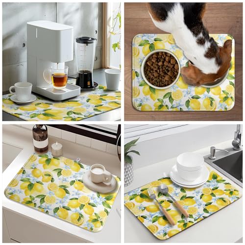 Lemon Dish Drying Mat 18x24 Inch Absorbent Reversible Summer Drying Mat Floral Lemon Fruits Dish Drying Rack Mat Yellow Summer Themed Dish Drainer Mat for Kitchen Counter Coffee Bar