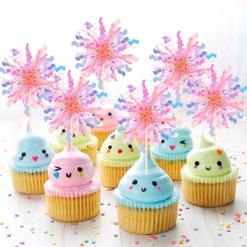 30 PCS Foil Firework Cupcake Toppers Sparkle Tinsel Cupcake Picks Happy Birthday Cake Toppers Drink Stirrers Cocktail Food Fruit Toothpicks for Baby Shower Wedding Party Decorations Supplies Orange (30 Count)