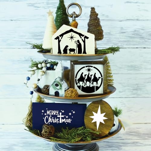 30 Pieces Small Christmas Nativity Stencils for Painting on Wood Reusable Palstic Nativity Scene Stencils for DIY Crafts Ornament Wood Cookie (30 Count)