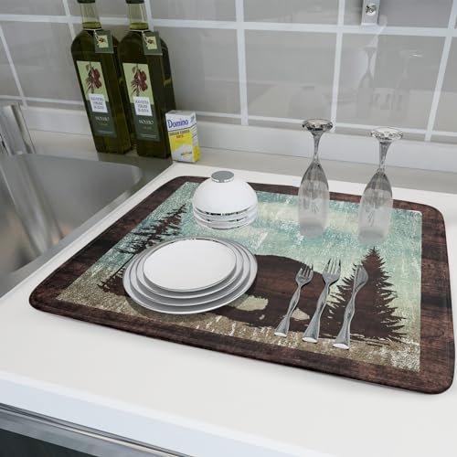 Retro Brown Bear Forest Cabin Dish Drying Mat Countertop 18x24 Fall Blue Sky Cloud Cartoon Wild Animal Bushes Drainer Mat Pine Tree Grass Dishes Pad Rustic Floral Dish Drainer Rack Wildlife