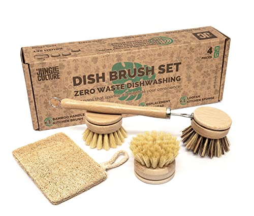 Bamboo Dish Brush • 3 Swap Heads & Loofah Sponge • 4 Piece (4 Count)