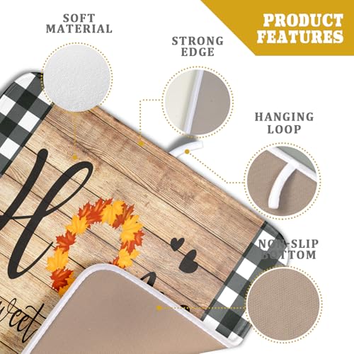Home Sweet Home Dish Drying Mat 16x18 Inch Fall Autumn Maple Leaf Wreath Dish Drainer Mats Rustic Brown Wood Board Microfiber Dish Drying Rack Pad for Kitchen Countertop Farmhouse Decor