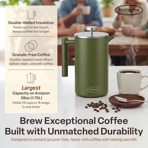 Non Toxic Extra Large Insulated Stainless Steel French Press Coffee Maker 59oz