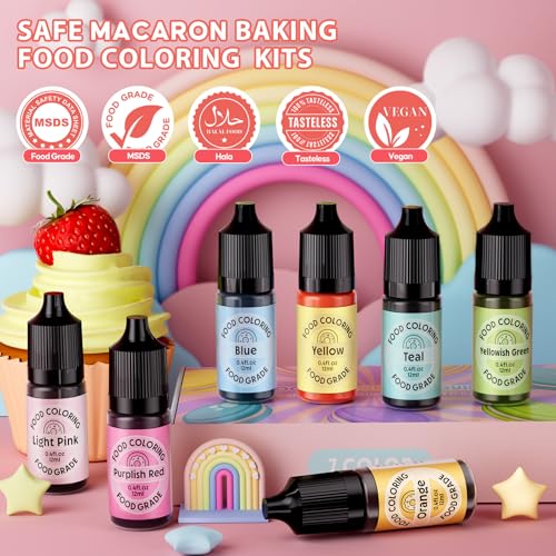Food Coloring for Cake Decorating Macaron Edible Food Dye for Baking Royal Icing Cookie Supplies Gluten Free 7x12ml Food Grade Liquid Food Color Kits (2.8 Fl Oz)