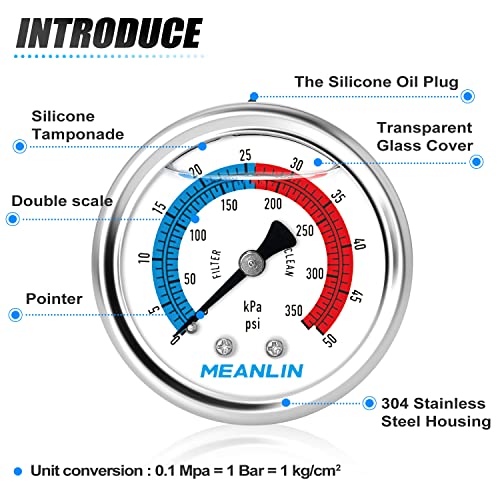1/4" NPT 0-50psi Pressure Gauge, 2" Dial Glycerine Filled Pool Filter, 304 Stainless Steel Housing, Back Mount, with 1/2" NPT and 3/8" NPT Hex Bushing