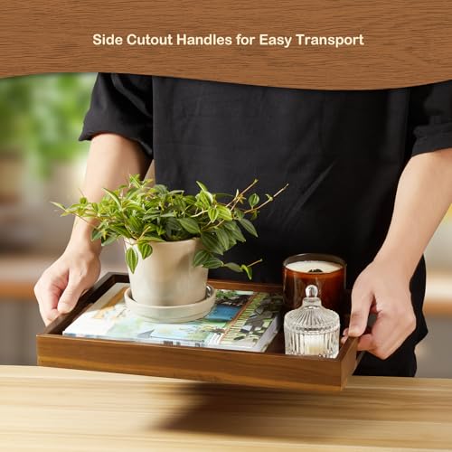 15 Inch Acacia Wood Serving Tray with Handles