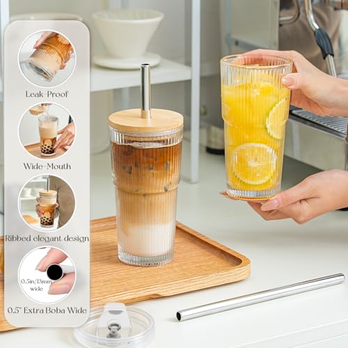 20oz Ribbed Glass Tumblers with Bamboo Lids & Straws